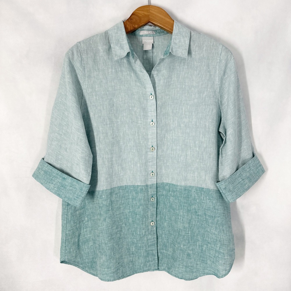 Chico's 1.5 100% Linen 3/4 Sleeve Colorblock Button Down Shirt Women's Size 10